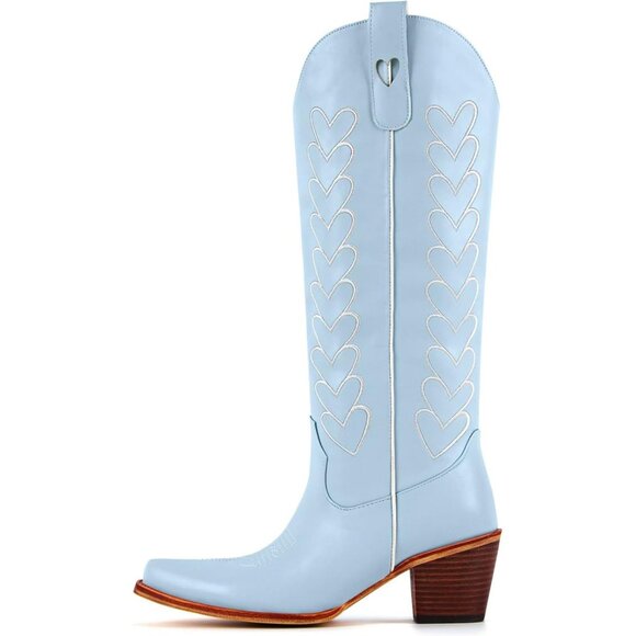 Women's Blue Hearts Cute Embroidery Chunky Knee Block High Heel Western Boots - Picture 7 of 7